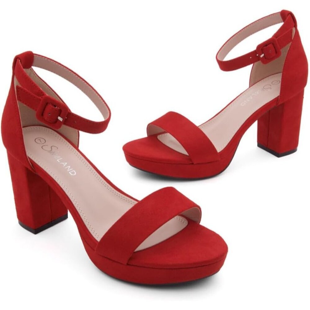 Women's Red Chunky Block Ankle Strap Stylish Comfortable Open Toe Strappy Heel - Picture 6 of 7